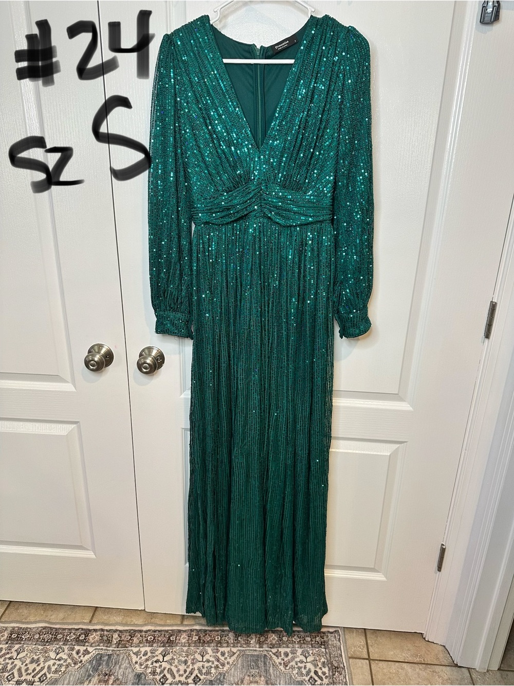 Long Emerald Green Sequined V-Neck Gown